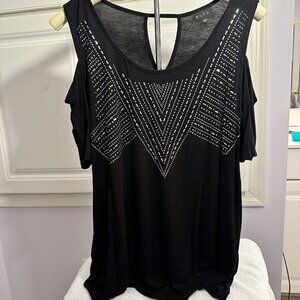 BLEU Black Cold Shoulder Studded V Neck Tunic Top‎ Women's Size M